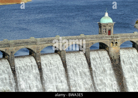 Craig Goch reservoir dam overflowing close up, Elan Valley, Wales. Stock Photo