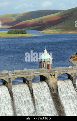 Craig Goch reservoir dam overflowing close up, Elan Valley, Wales. Stock Photo