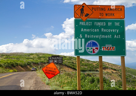American Recovery and Reinvestment funded road work sign within the Mesa Verde National Park, Colorado, USA. Stock Photo