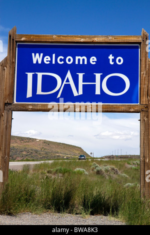 Welcome to Idaho road sign on U.S. Route 93 at Jackpot, Nevada, USA. Stock Photo