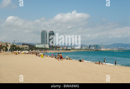 beach near Passeig Maritim de la Barceloneta in Barcelona, Spain Stock Photo