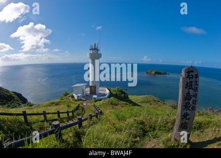 Hirakubosaki Lighthouse and sign for the most Northerly Point on Ishigaki Island, Okinawa, Japan, Asia Stock Photo