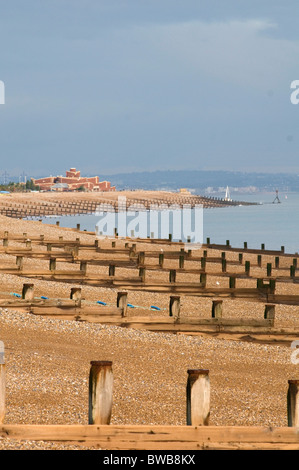 breakwater breakwaters break water waters groins hastings beach east sussex uk pebble pebbles pebbley beach beaches stone stones Stock Photo