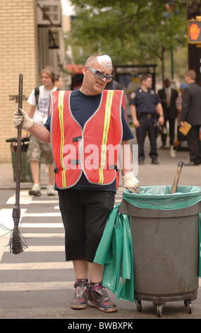 Boy George Court-Ordered Community Service Sweeping Streets for Department of Sanitation Stock Photo