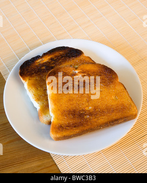 Food, Cooked, Bread, Table setting of two slices of buttered toast on a plate. Stock Photo