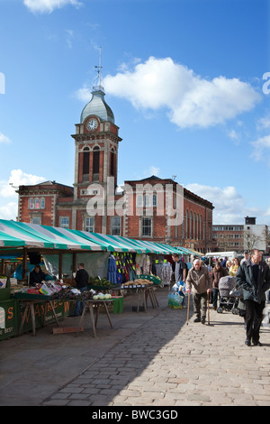 Chesterfields historic open air market and market hall in Derbyshire Stock Photo