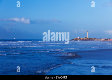 A view of the El Hank lighthouse on the Corniche Atlantic Ocean in Casablanca, Morocco. Stock Photo