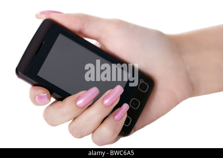 The female hand holds a mobile phone Stock Photo
