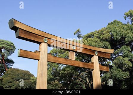 Wooden Torii Gate with National Crest at Meiji Shrine, Tokyo, Japan, Asia Stock Photo