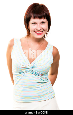 Portrait of happy female in casual clothes looking at camera with smile Stock Photo