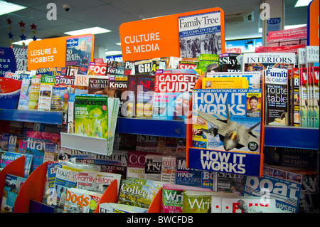 Shelves full of assorted UK weekly and monthly magazines and periodicals in a branch of high street newsagents WH Smith, UK Stock Photo