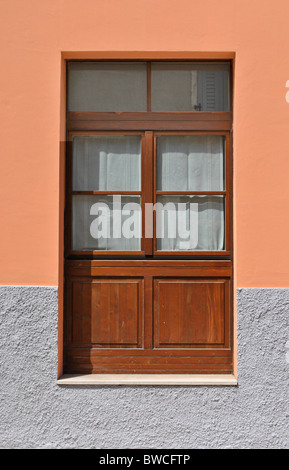 wooden door with glass and white curtains Stock Photo