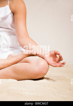 USA, Illinois, Metamora, Young woman doing yoga on beach