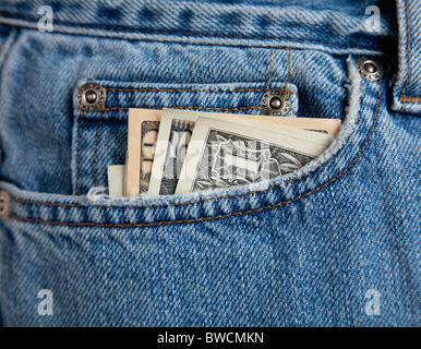 USA, Illinois, Metamora, American banknotes in front pocket of blue jeans Stock Photo