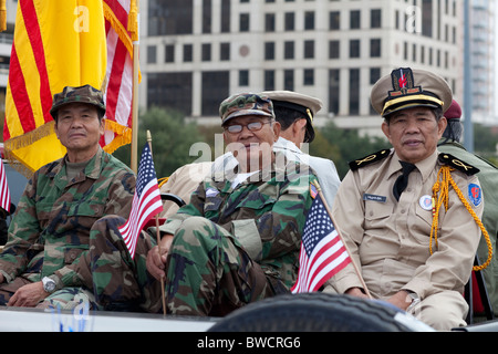 Former South Vietnamese soldiers at the annual Veteran's Day parade up Congress Avenue toward the State Capitol in Austin. Stock Photo