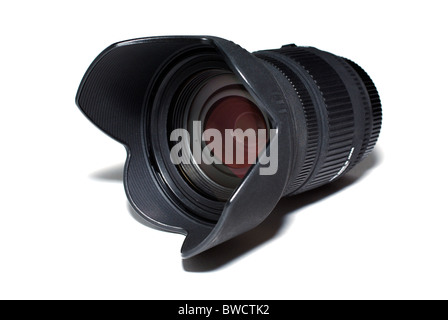 Professional lens with hood isolated on white background. Stock Photo