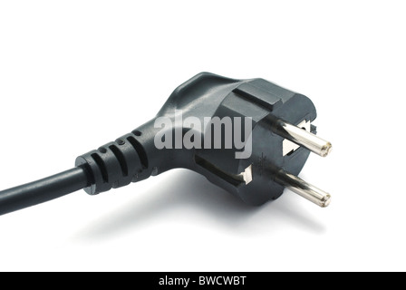 Power plug of black computer cable isolated on white background. Stock Photo