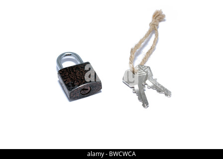 Padlock with keys isolated on white background. Stock Photo