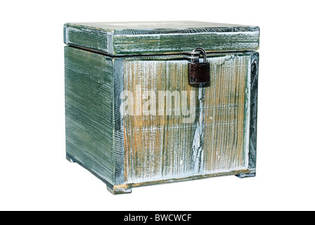 Old chest locked with padlock isolated on white background. Stock Photo