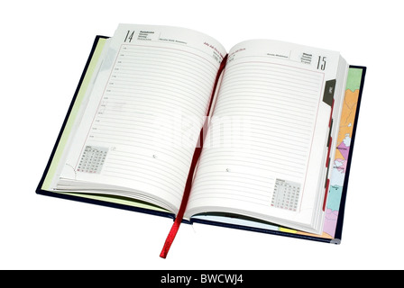 Opened agenda with empty pages for your design isolated on white. Stock Photo