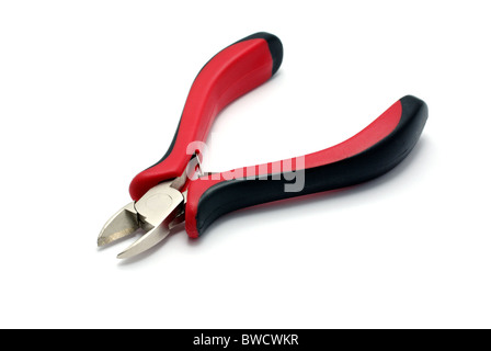 Red with black cutting pliers isolated on white with shadow. Stock Photo