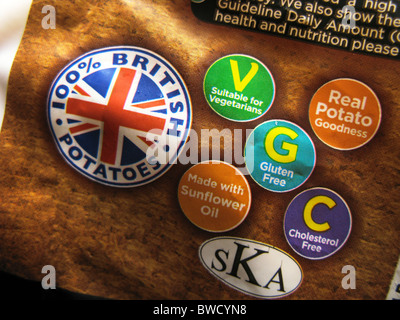 health & nutritional labelling on a packet of oven chips with the British logo emblem Stock Photo