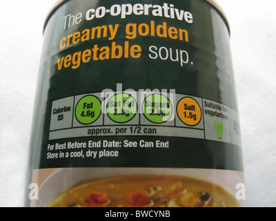 'traffic light' system of nutritional information guidelines on a tin of soup Stock Photo