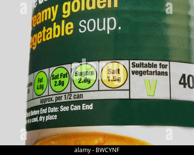 'traffic lights' system of nutritional information guidelines on a tin of soup Stock Photo