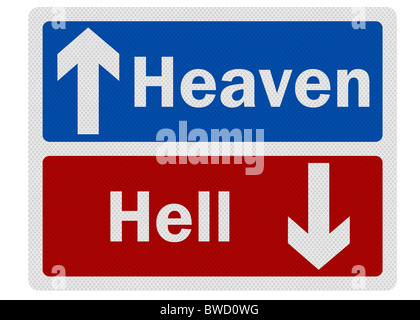Photo realistic metallic reflective 'heaven / hell' road sign, isolated on pure white Stock Photo