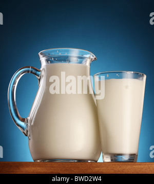 Glass and jar of milk on a blue background. Stock Photo