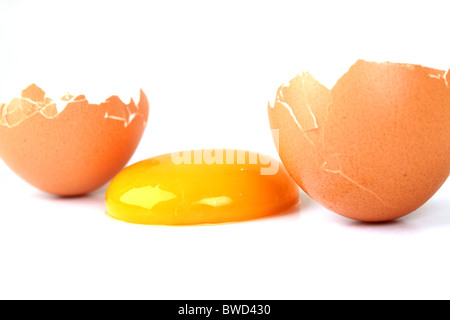 Yellow Egg Yolk Between Cracked Shell Isolated On White Stock Photo