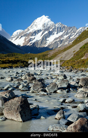 Mount Cook and glacial river with rocks Stock Photo