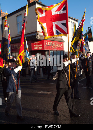 Standard Bearers lead the annual Remembrance Day  Parade from the assembly point in Redcar 14 November 2010 Stock Photo