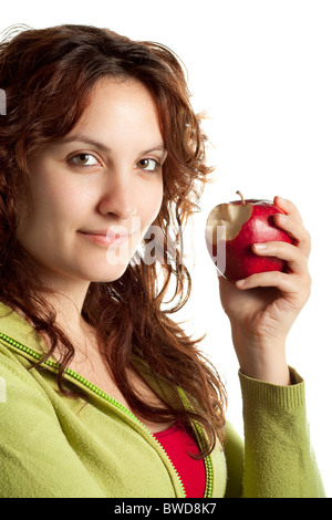 Woman with Bitten Red Apple Stock Photo