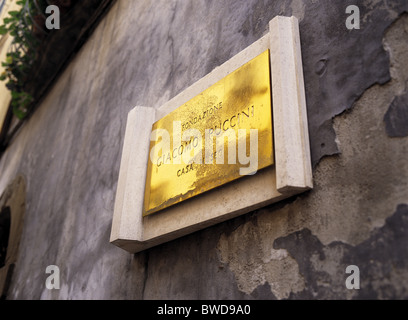 Sign on exterior of Giacomo Puccini Museum in Lucca, Tuscany, Italy Stock Photo