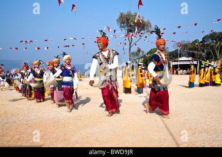 Khasi Men and Women Dancing in Traditional Festival Dress, Cherrapunji Village, Meghalaya State, North-East India Stock Photo