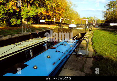 Boats in a lock on the Trent and Mersey Canal in Derbyshire, England Stock Photo