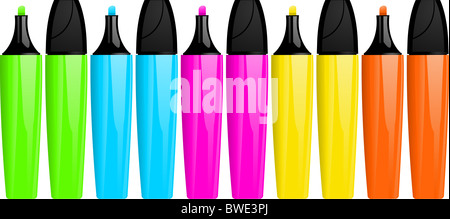 Set of highlighter pens with and without lids in orange, yellow, pink, blue, green Stock Photo