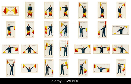 An A to Z alphabet in the form of semaphore flag signals that form part of an old set of cigarette cards from WD and HO Wills Stock Photo