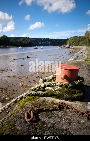 Cardigan Cerdgn Wales UK River Front Aberteifi  Afon Teifi Bollard Rope Stock Photo