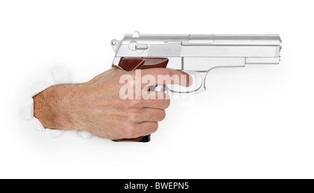 Man's hand holding a large silver handgun isolated on white background Stock Photo