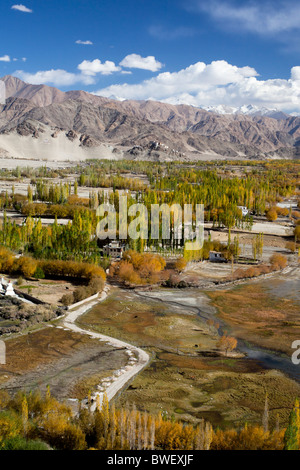 Autumn mountain scenery showing the shey and thiksey villages in high altitude ladakh. India. Stock Photo