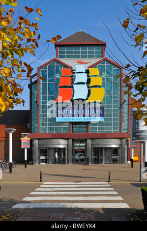 Facade of a main  shoppers entrance at Surrey Quays indoor shopping centre owned by British Land property business free car park Rotherhithe London UK Stock Photo