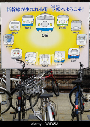 A map outlining the manufacturing history of the Shinkansen bullet train at Hitachi Kasado since 1964, Japan JP Stock Photo