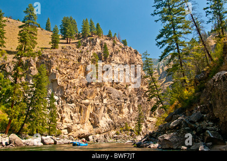 USA, Idaho, Middle fork of the Salmon River, Rafting through deep canyon walls of the Frank Church Wilderness. Stock Photo