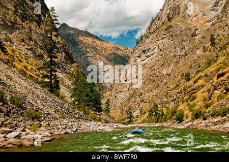 USA, Idaho, Middle Fork of the Salmon River, Rafting through deep canyon walls. Frank Church Wilderness Stock Photo