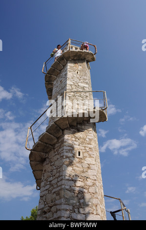Tourists on top of famous Toreta Tower, icon of  Silba Island, Croatia Stock Photo