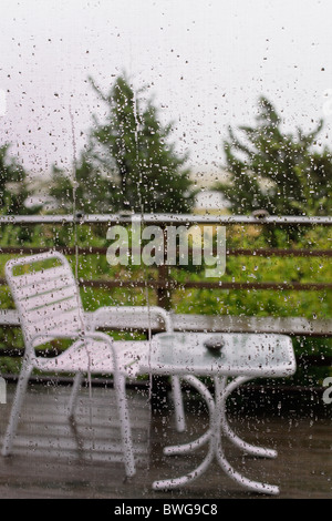 A rainy garden view from behind a screen Stock Photo