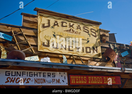 Curio shop sign at street in Oatman, Route 66 in Black Mountains, Arizona, USA Stock Photo