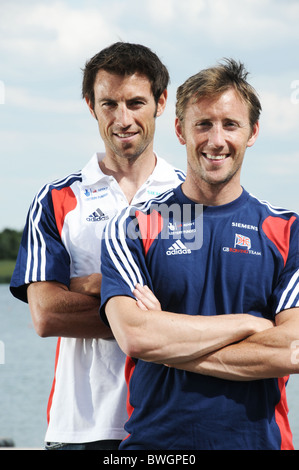 Rowing brothers Mark Hunter MBE (left) and Ross Hunter prepare for 2012 Olympics at start on Dorney Lake GB rowing venue in 2012